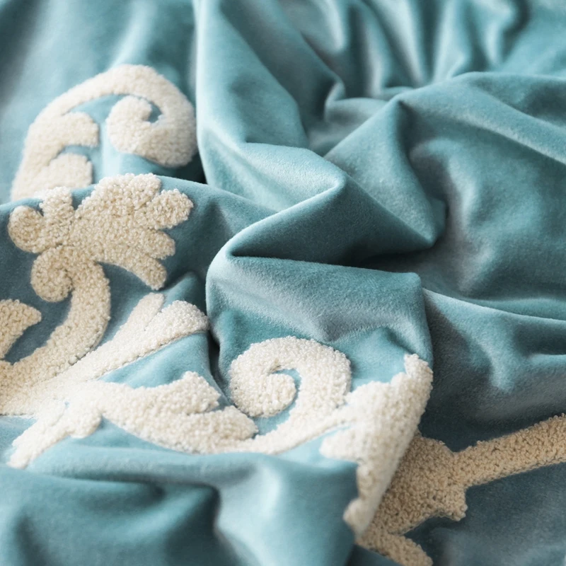 Waliicorners European embroidery Bedding Set Fleece fabric Bed Sheet Comforter Duvet Cover Bedclothes Adult Queen King Size Linens 4/7pcs 13 KG0B2205