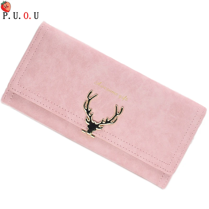 

2019Women Wallet Card Wallet Female Purse Leather Trifold Long Coin Holder Phone Wallet Metal Christmas Deer Cash Pocket Fashion