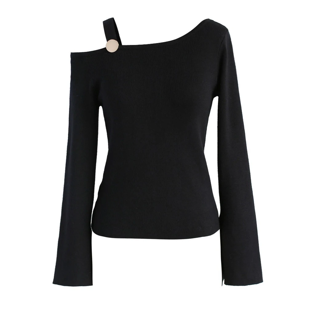 HYH HAOYIHUI Fashion Women Sweater Solid Black Asymmetric O-neck Cold Shoulder Full Sleeve Lady Tops Belt Button Pullovers