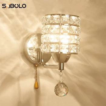 

Luxury Crystal Wall Lamp Pull Chain Switch Crystal Wall Lights Modern Stainless Steel Base Lighting Wall Sconces AC85-265V