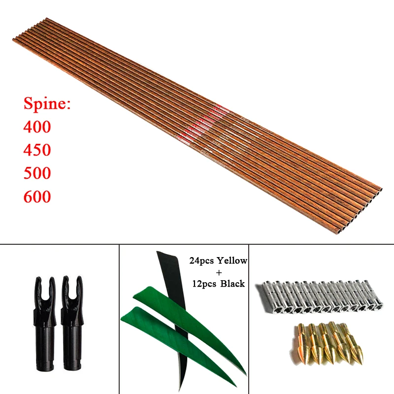 

12pcs Carbon Arrow Shafts 32inch Arcehry Spine500 Wood Skin 5inch Turkey feather 75gr tips for compound bow hunting