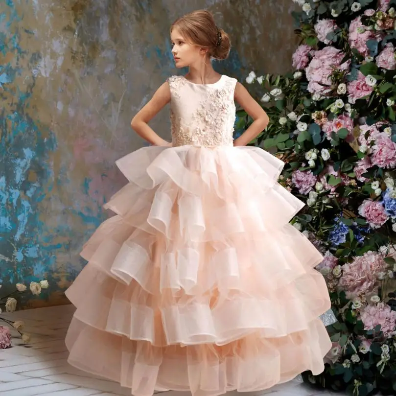 

Elegant Baby Girls Wedding Dress Pink Lace Patchwork Princess Dress Kids Clothes Children's Stage Performance Tutu Dress Y95
