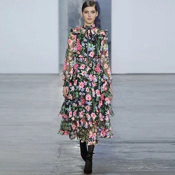 

Runway Designer Dress 2018 Women Spring Elegant Vintage Layer Ruffles Long Sleeve Floral Printed Long Chiffon Dress