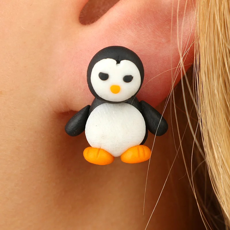 New Creative Handmade Polymer Clay Blue Cute Small Penguin Earring