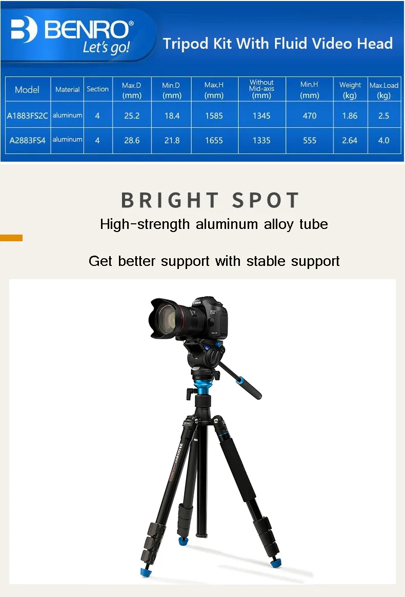 Штатив benro A2883FS4/A1883FS2C головка для видеокамеры для фотографирования монопод гидравлическая демпфирующая головка