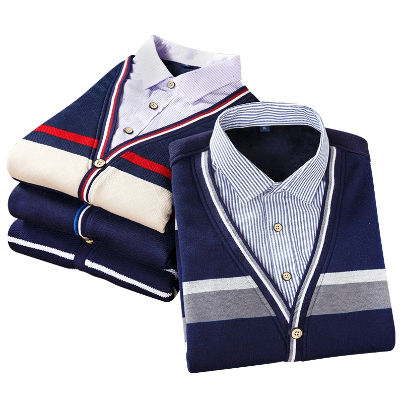 2018 Winter New Fashion Plush Thick Long Sleeves Fake Two Pieces Weather Male Young Korean Warm Shirt Collar Knitted Outwear