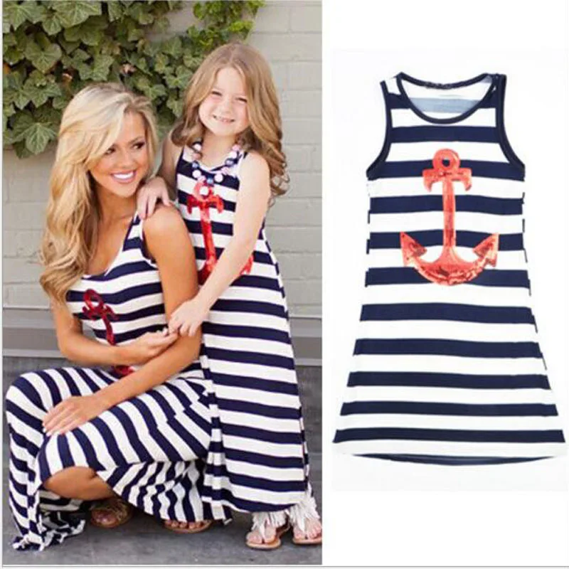 Kids Baby Girls Boho Anchor Party Dress Sleeveless Stripe Dress Clothes Sundress