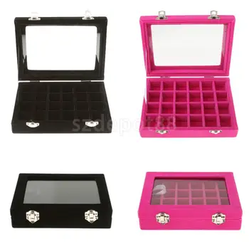 

24 Grids Velvet Mirror Box for Jewelry Display Ring Bracelet Earring Cufflinks Nail Art Storage Organizer - Black/ Rose Red