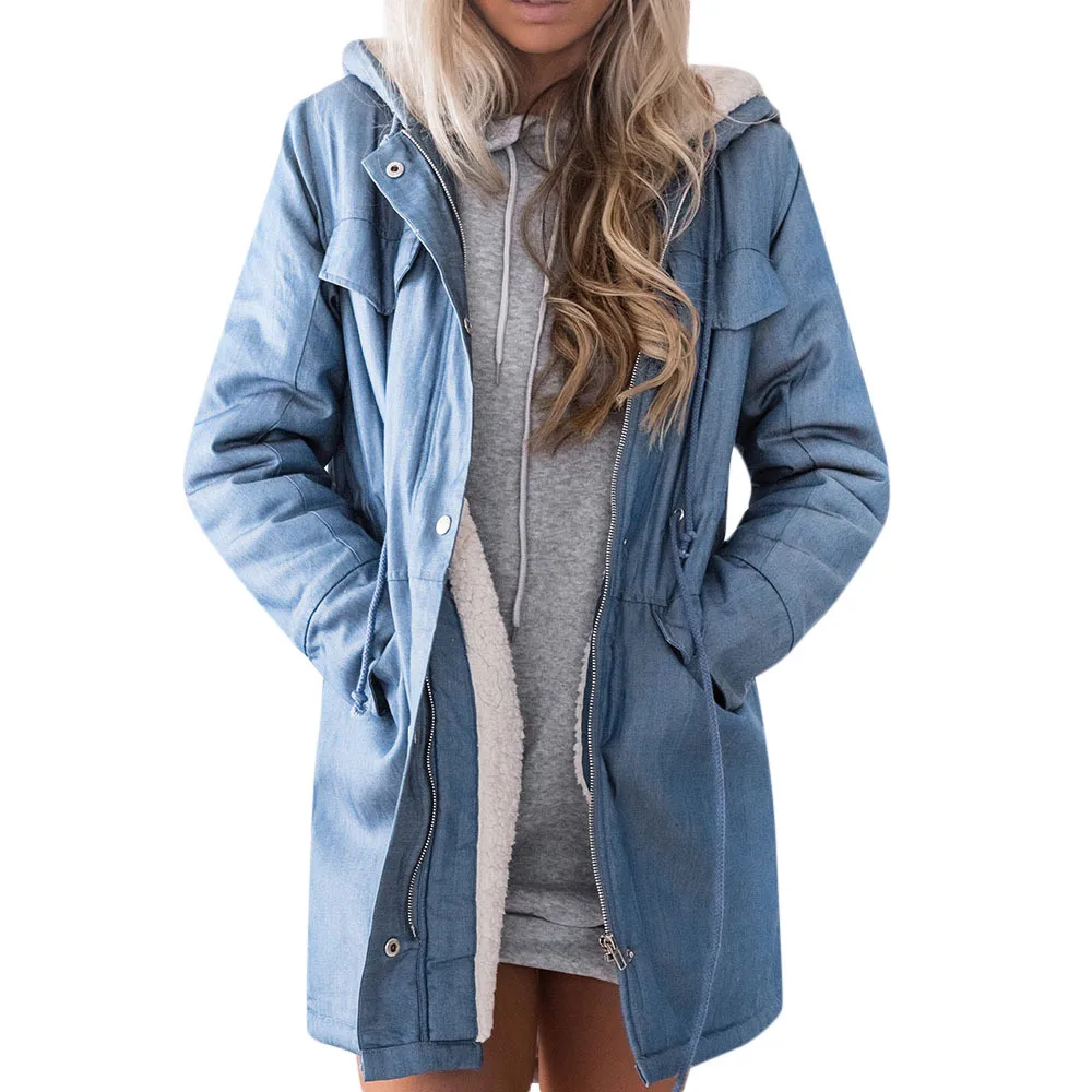 Women Warm Hooded Casual Long Sleeve Denim Jacket Long Jean Outwear