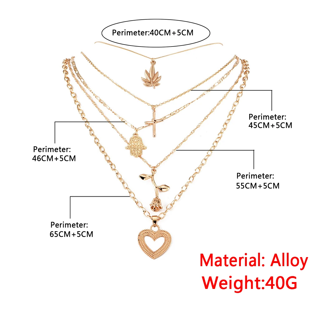 New Fashion Multi layer Flower Leaf palm Cross Heart Shape Necklaces & Pendants For Women Trendy Charm Gold Necklace Jewelry