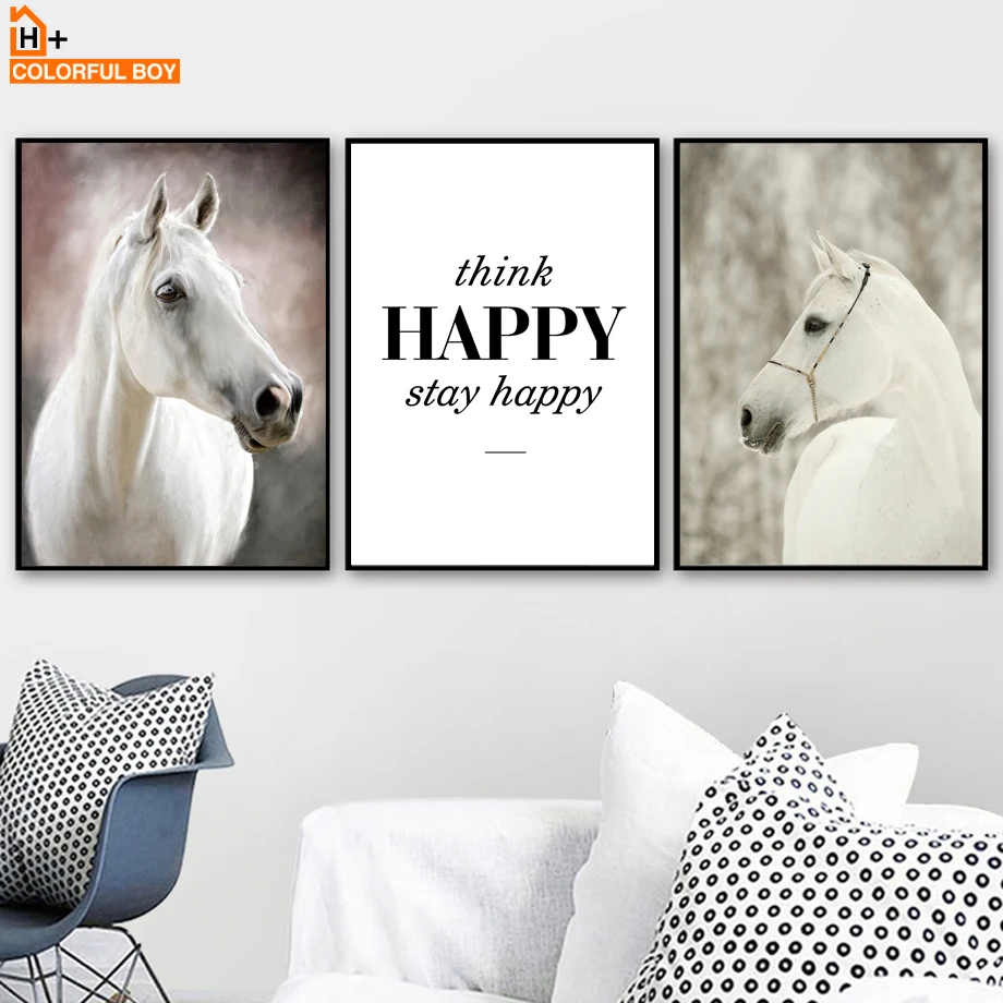 White Horse Happy Quotes Wall Art Canvas Painting Nordic Posters And