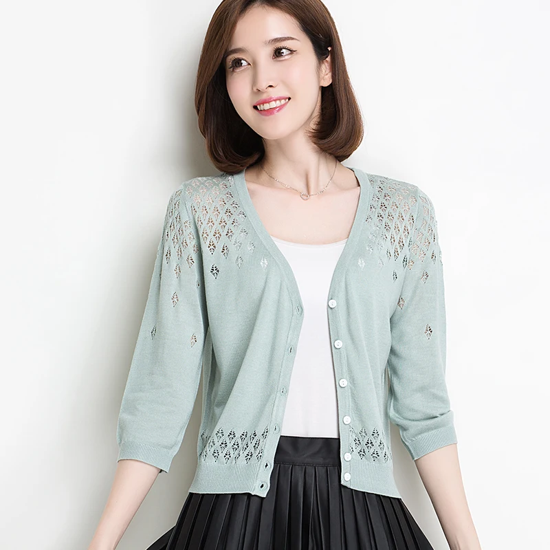 Style Knitted Cardigan Sweater New Fashio Autumn Summer Crochet Sweaters silkn Women Three Qu Sleeve Lace O-Neck Casual |