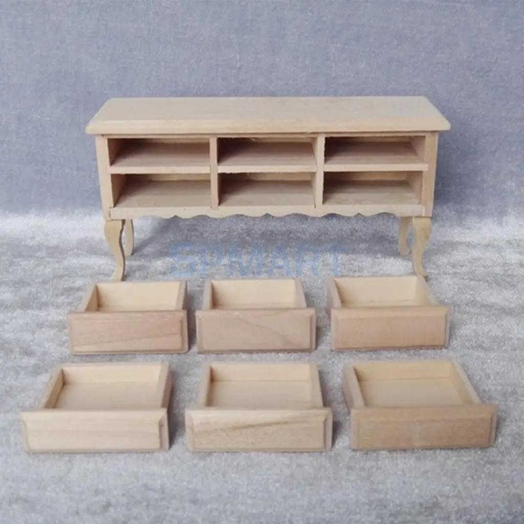 Unpainted 1/12 Dollhouse Miniature Furniture Table Drawers Model and Golden Drawer Pull Room Accessories