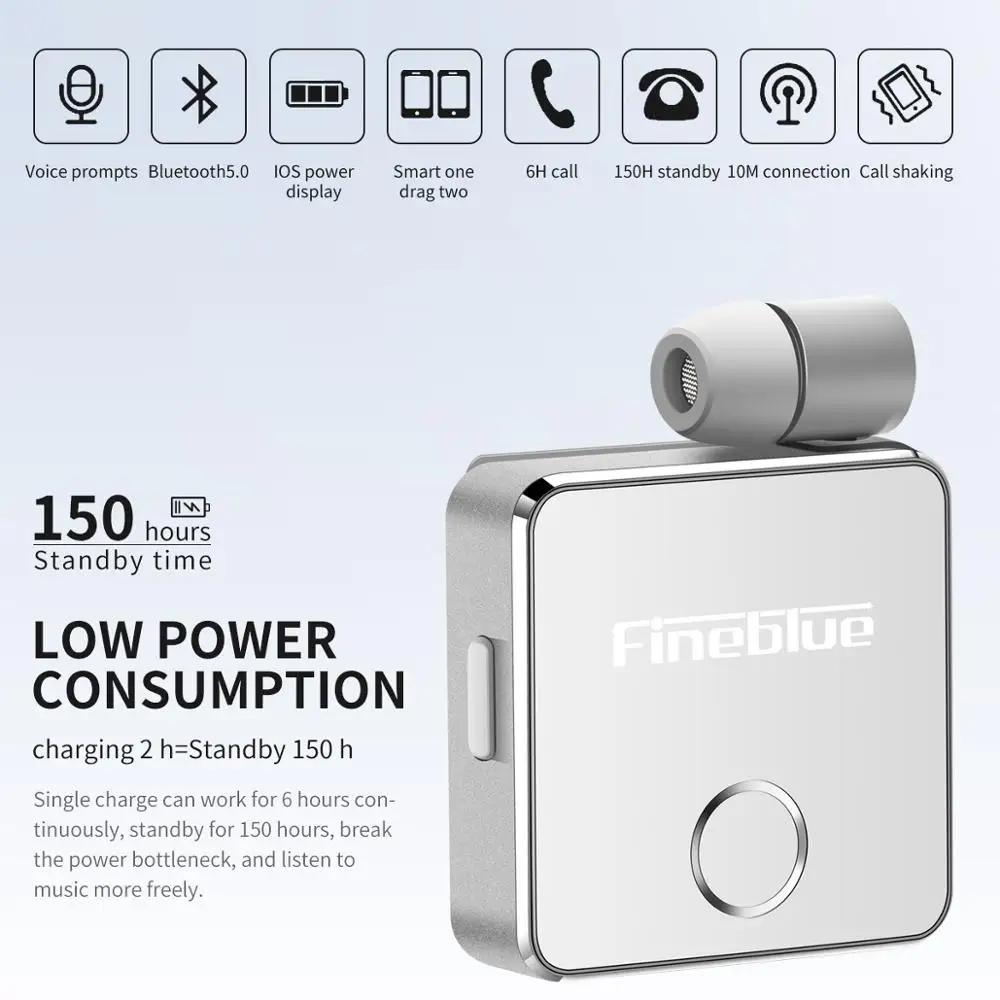 Newest Fineblue F1 Clip on Business Wireless Bluetooth Headset Vibrating Alert HD Sound Quality Earphone with Mic for iPhone X 8
