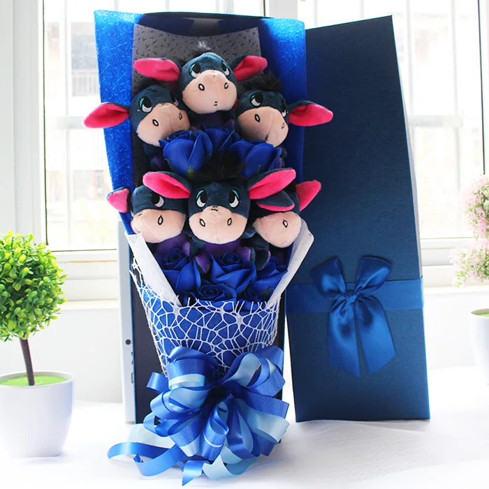 

48cm PP Cotton Eeyore Donkey with soap flowers cartoon bouquets Stuff Animal Plush Toys Creative Valentine Graduation Gift