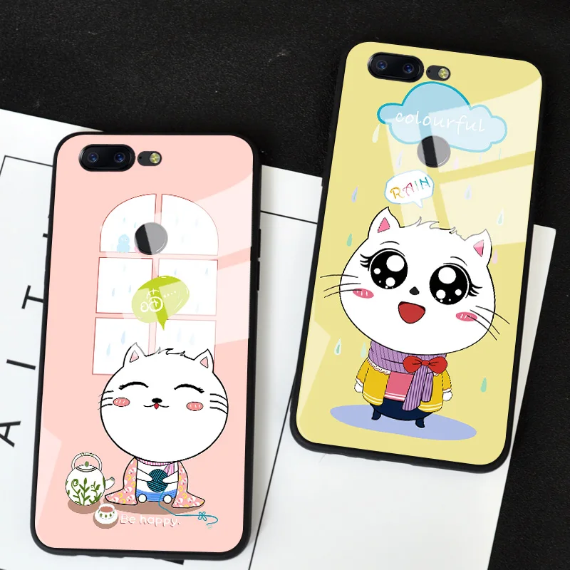 

Cute Cat Tempered Glass Case For Oneplus 5 One Plus 5 Hard Back Cheshire Cat Patterned Cover For Oneplus 5T 5 T