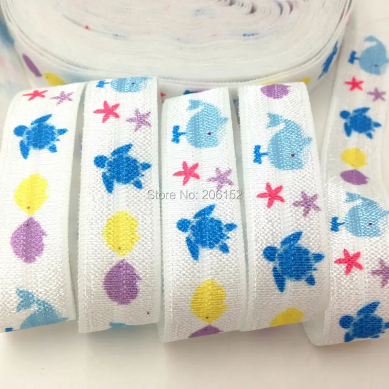 

5/8" Heat Transfer Print Fold Over Elastic Turtle Fish Sea Star Whale Print FOE Ribbon for DIY Headwear Hair Accessories 10Y/lot