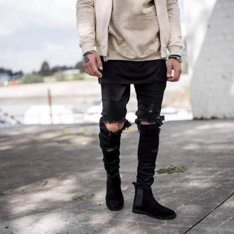 

2019 New Fashion Men Jeans High Street Motorcycle Biker Jeans Men Hip Hop Ripped Keen Holes Slim Pencil Pants J8K9