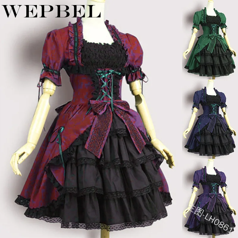 

WEPBEL Women Dress Vintage Cos Short Lantern Sleeve Retro Casual Fashion Ruffles European Style Lady Mini Dresses