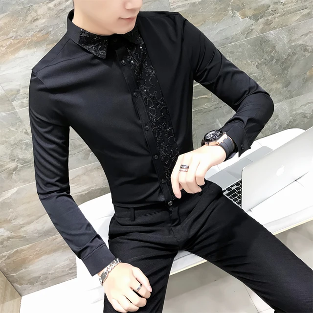 2022 Simple Fashion Spring Summer Sequins Design Long Sleeve Shirt Tuxedo  Men Clothing Slim Fit Chemise Homme Black/White - AliExpress