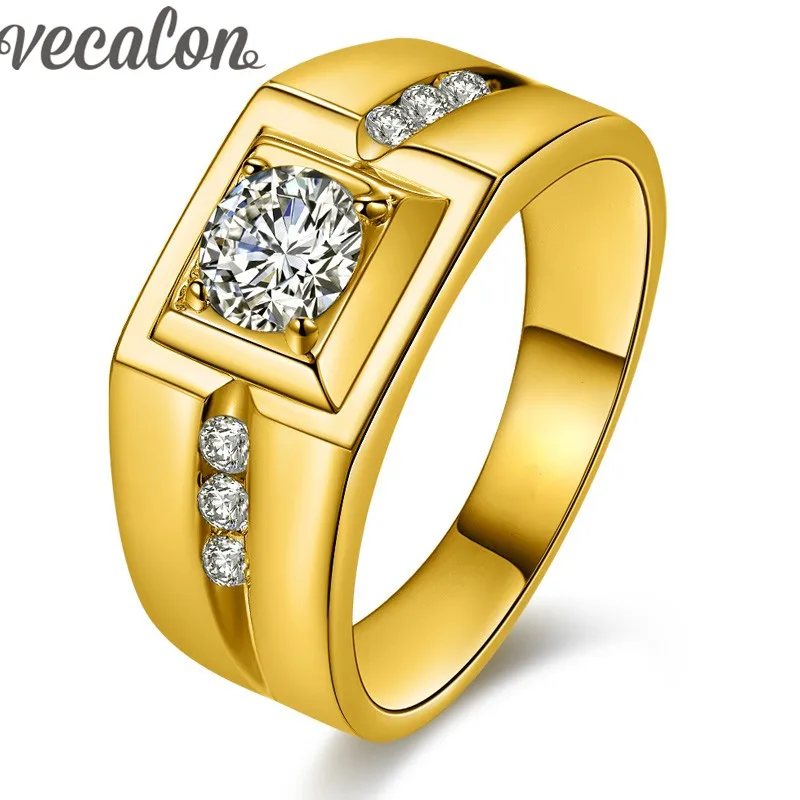 Vecalon Handsome Men Jewelry Wedding band Ring 1ct AAAAA Zircon Cz Gold