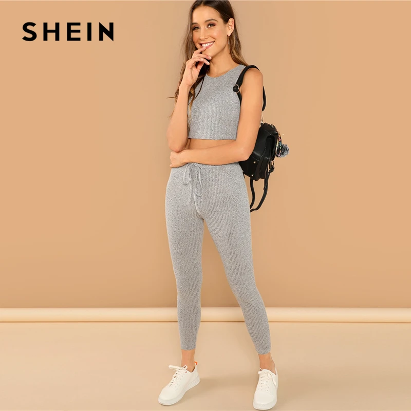 Price SHEIN Grey Heathered Knit Crop Tank Top and Drawstring Waist Leggings Set Women Spring Skinny Sporting Workout Two Piece Sets