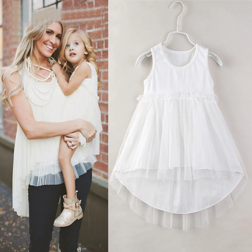 

Summer Fashion Baby Girls Clothes White Lace Sleeveless Solid Mother And Daughter T-shirt Matching Family Clothing Outfits W030