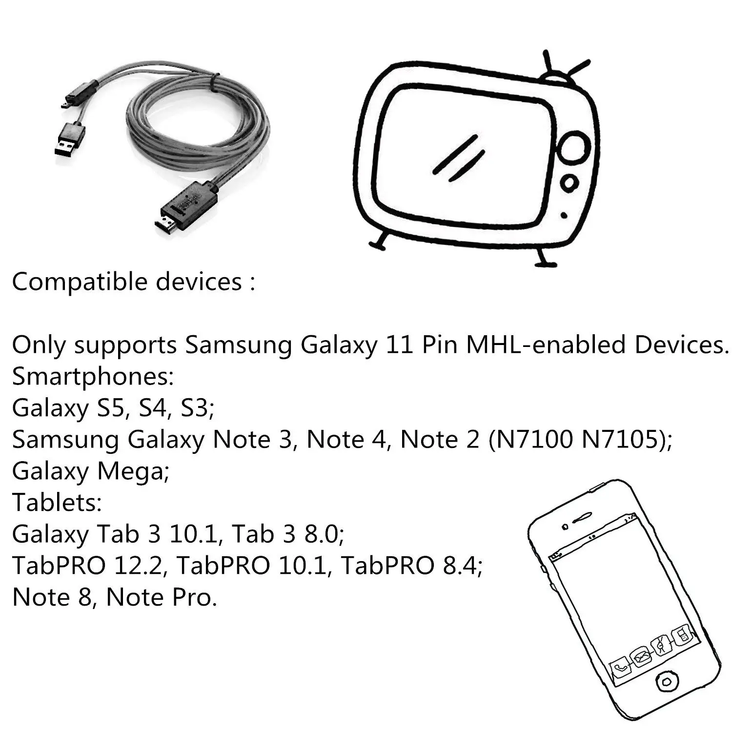 11 Pin-код для микро-флеш-накопителя USB HDMI адаптер 6,5 средства ухода за кожей стоп кабель 1080 P HDTV для Samsung Galaxy S5 S4 S3 Note 3 Note 2 Galaxy Tab hdtv-адаптер