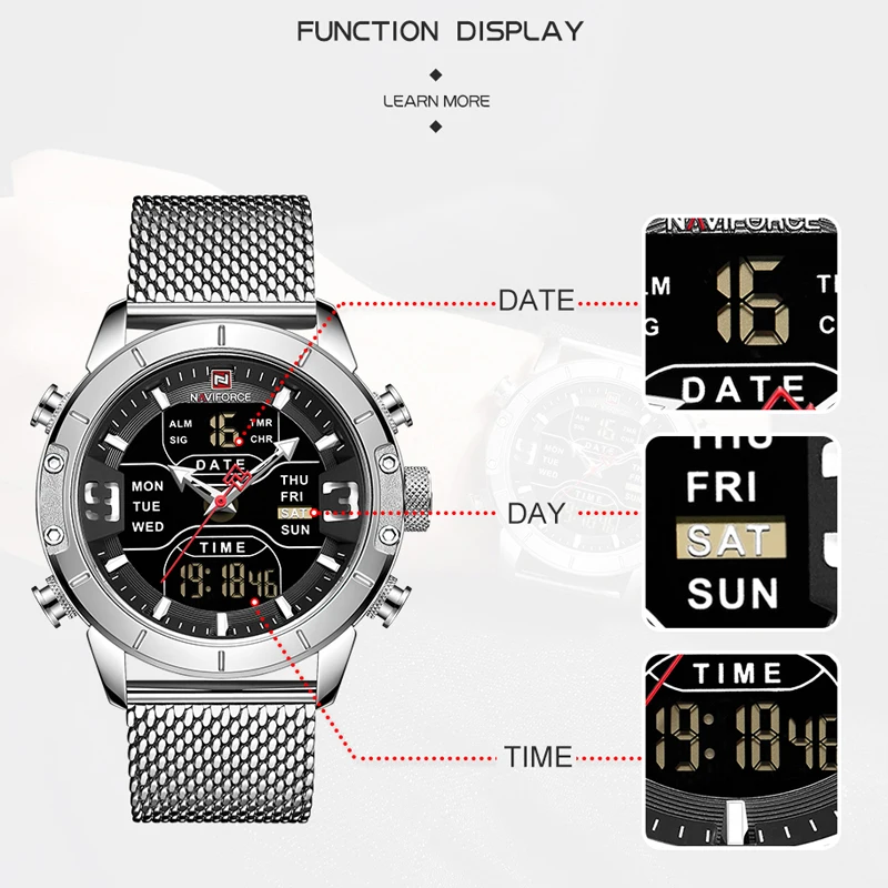 Top Luxury Brand NAVIFORCE Men Fashion Sports Quartz Watches LED Digital Clock Male Full Steel Mili