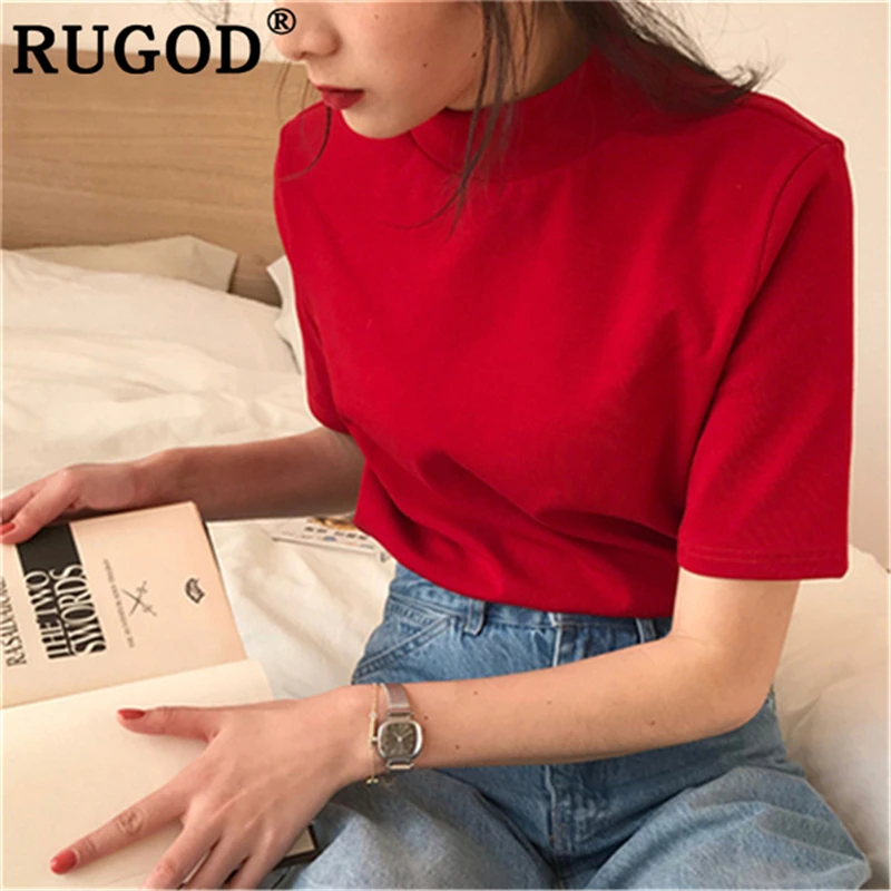 Женские футболки с высоким воротником RUGOD красные коротким рукавом в Корейском