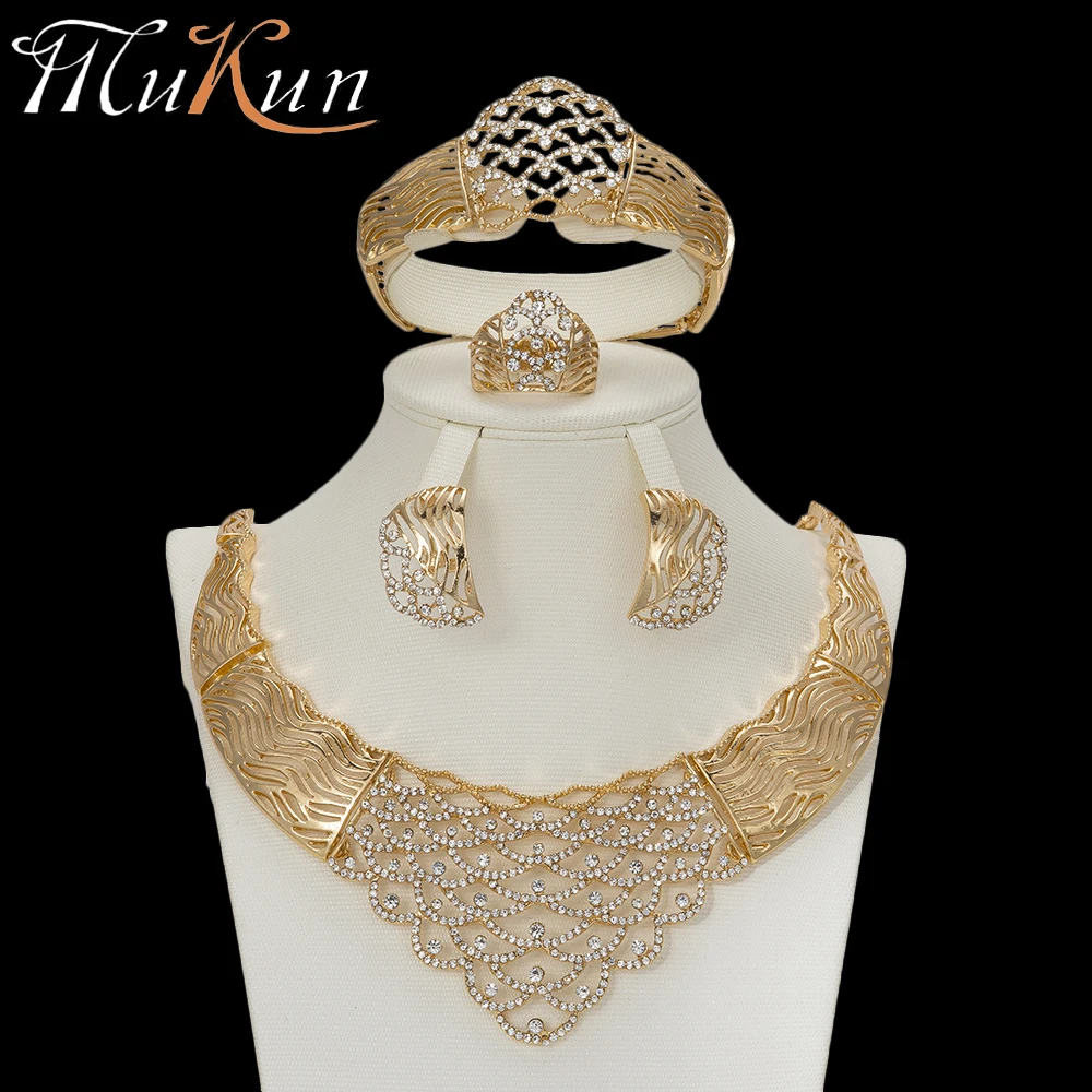 MuKun Модные Золотые Ювелирные наборы из Дубаи для женщин, Кристальные серьги, нигерийские бусы, ожерелье, ювелирный набор для свадьбы, модные ювелирные изделия