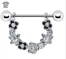 Nipple Rings Fake Nipple Ring Surgical Steel Pink Crystal Flower No Piercing Nipple Ring Shield Barbell Bar