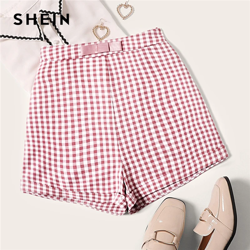 

SHEIN Vintage Multicolor Bow Waist Roll Hem Gingham Shorts Women Zipper Fly Mid Waist Summer 2019 Cute Elegant Plaid Shorts