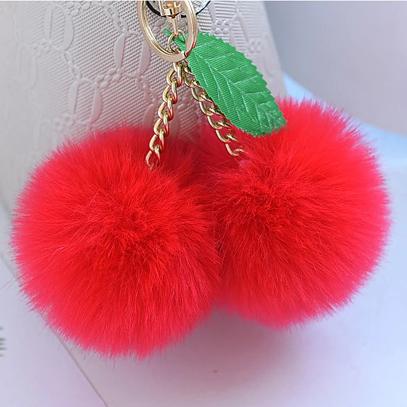 

2 pcs Cute Faux Rabbit Fur Ball Pompom Cherry Keychain Fluffy Pompon Key Chain Holder Pom Pom Toy Keyring Bag Charms Car Trinket