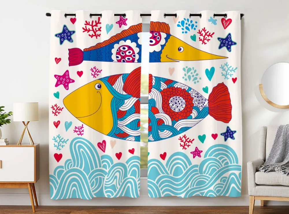 

Blackout Curtains 2 Panels Grommet Curtains for Bedroom Creative Design Colorful Fish Waves Starfish Coral
