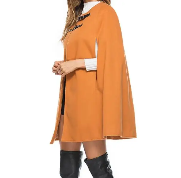2018 Leather Buckle Cloak Poncho Women Coat New Fashion Round Neck Woolen Overcoat Female Autumn Loose Warm Cape Coat Female