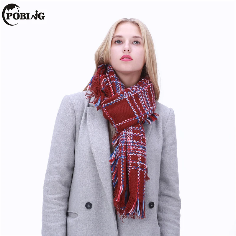 

POBING Striped Winter Scarf Women Echarpe Cashmere Shawl Warm Blanket Scarves Wraps Female Pashmina Long Tassel Bufandas Capes