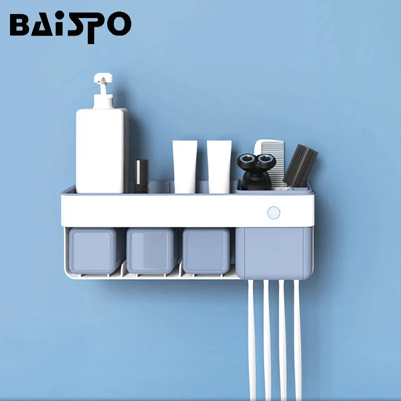 

BAISPO Sterilization Toothbrush Holder Toothpaste Shaver Storage Rack Suction Wall with Cup Bathroom Storage Rack Washing Set