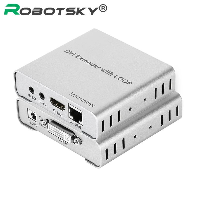 

RobotSky 1080p HDMI 1.4a DVI Extender with Loop-out Up to 50m Over Single Cat5E/6 DVI TX+RX Support 3D With IR EDID For HDTV DVD