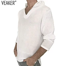 Новая Мужская льняная футболка с капюшоном, Мужская Осенняя Однотонная футболка с длинным рукавом, пуловер, мужская хлопковая льняная белая футболка, M-3XL