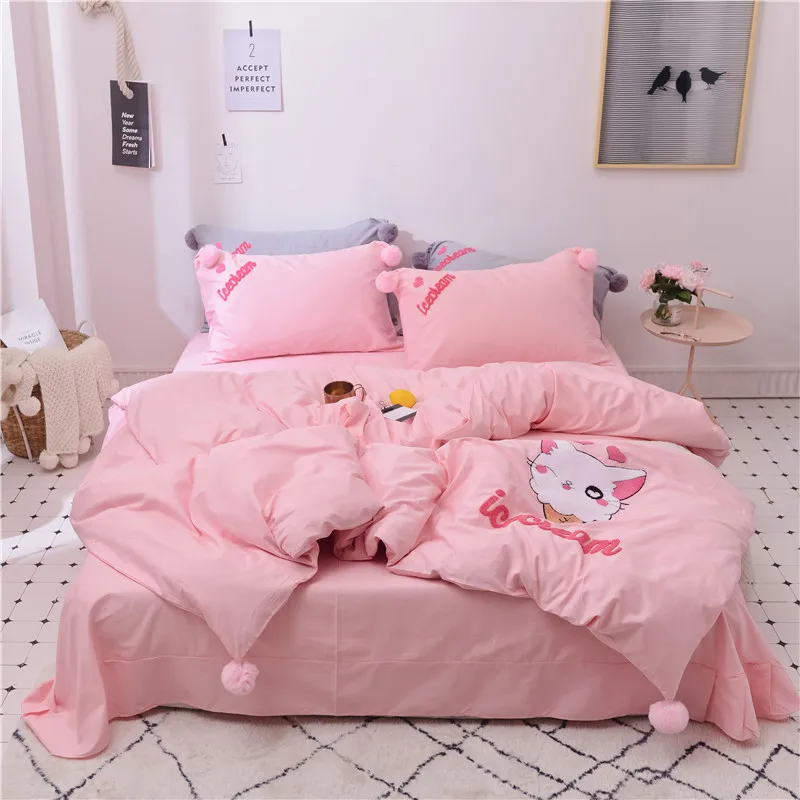 Розовый, белый, серый, милый набор постельных принадлежностей для девочек с рисунком котенка из мультфильма, набор постельных принадлежностей для девочек, пододеяльник, простыня, постельное белье, наволочки, Королевский размер, 4 шт