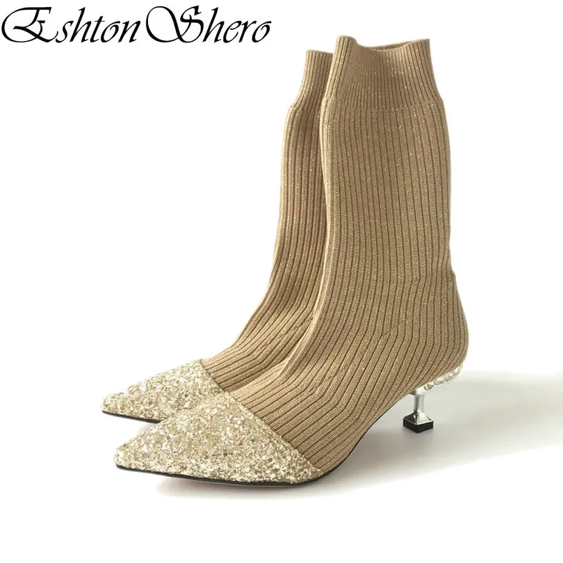

EshtonShero Sock Boots Autumn Shoes Woman Ankle Boots Bling Thin Med Heel Slip On Pointed Toe Ladies Motorcycle Boots Size 34-39