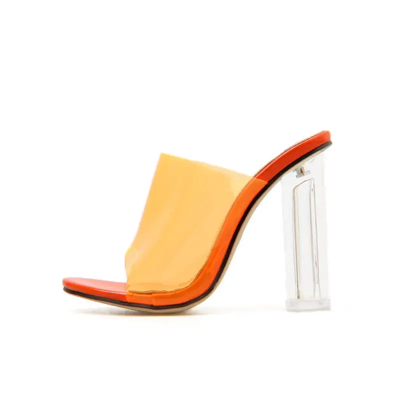 Новинка года; модная женская обувь; пластмассовые прозрачные сандалии; пикантные прозрачные Босоножки с открытым носком на высоком квадратном каблуке; шлепанцы - Цвет: Оранжевый