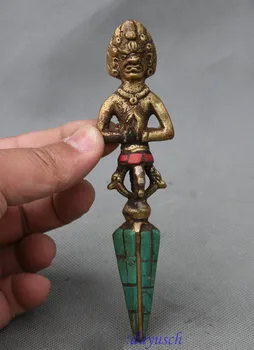 

Crafts statue Collect Tibet Bronze Inlay Turquoise Mahakala Vajra Dorje Phurba Dagger Holder