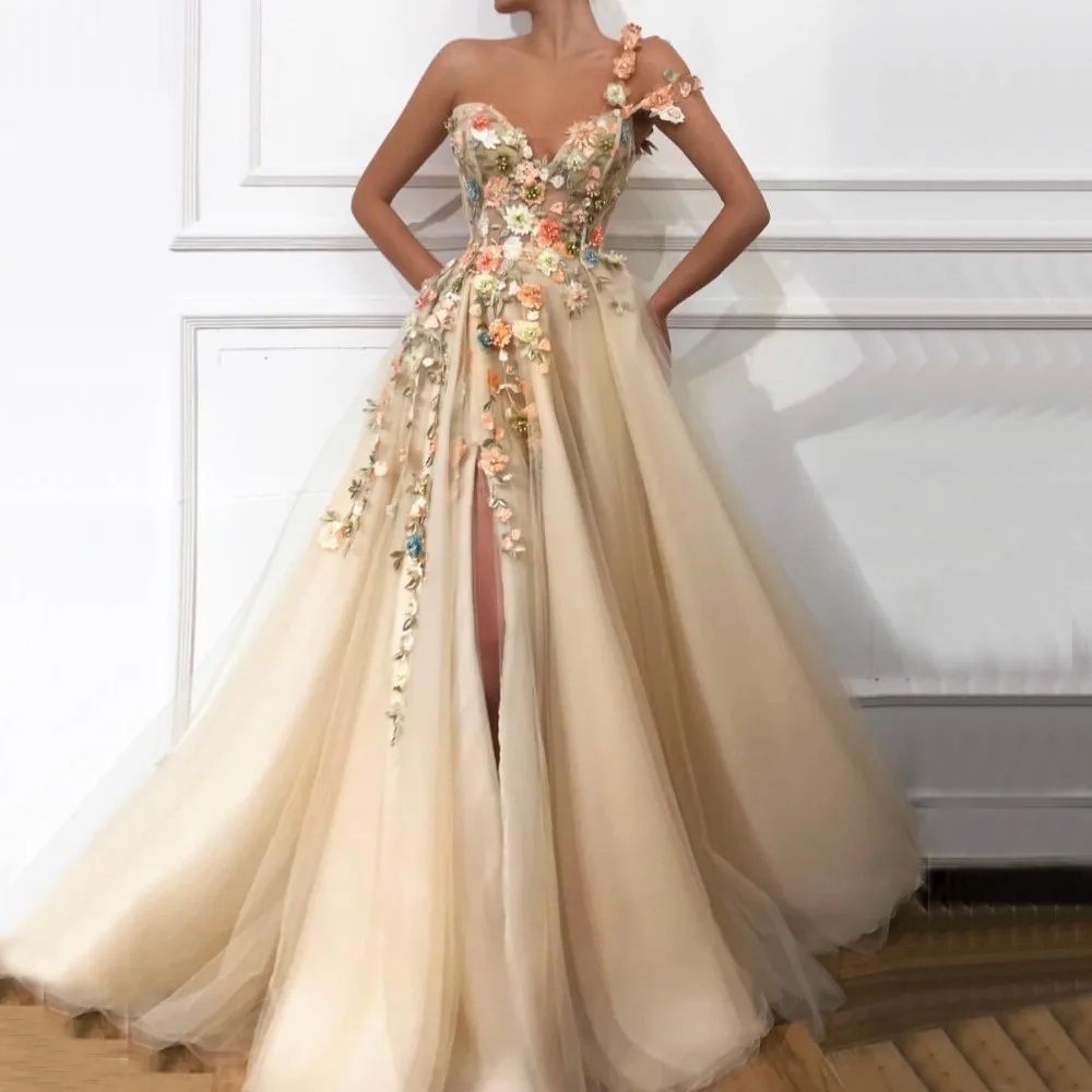 

Dubai Sexy Champagne One Shoulder Evening Dresses Diamonds Handmade Flowers Pearls Evening Gowns 2019 Serene Hill LA60946