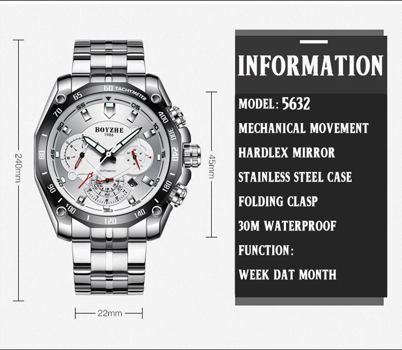 أعلى العلامة التجارية BOYZHE Relogio الرجال التلقائي ساعات آلية الرجال ووتش الرياضة العسكرية الأعمال عارضة الصلب المعصم ساعة