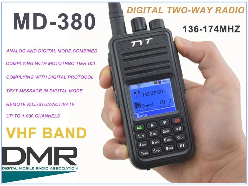 Tytera TYT md-380 md380 УКВ 136-174 мГц с Кабель для программирования и CD DMR цифровой Портативный двухстороннее Радио 1000ch Двухканальные рации