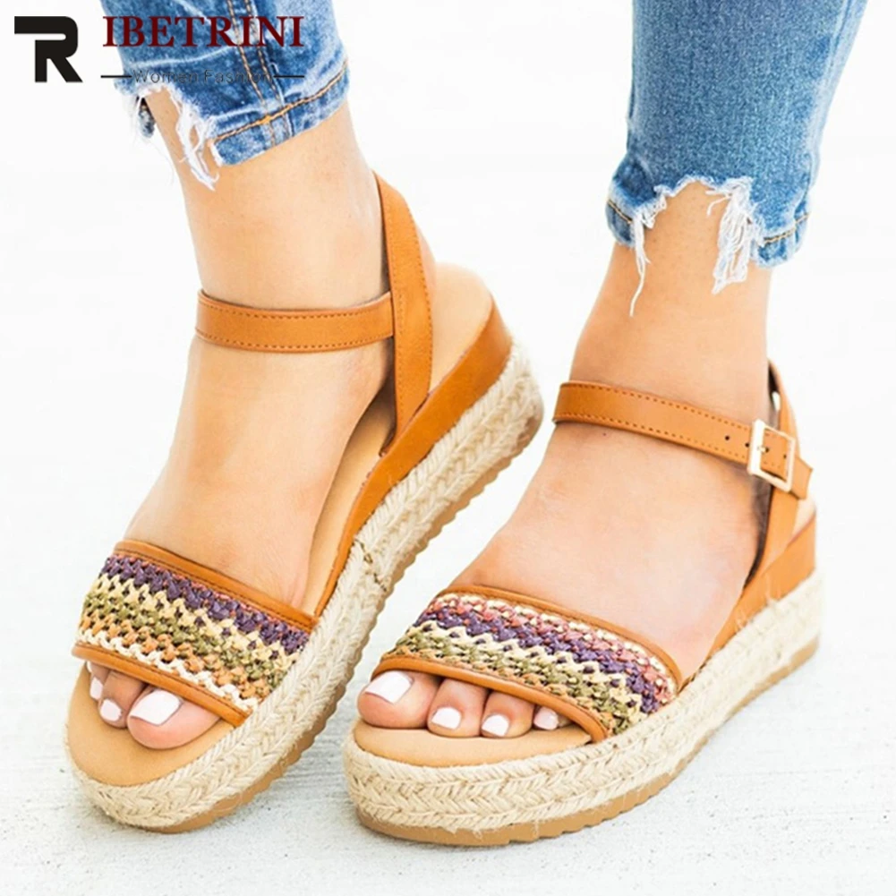 

RIBETRINI New INS Hot Weaving Platform Sandals Women 2019 Summer Large Size 35-43 Casual Straw Sole Women Wedges Shoes Woman