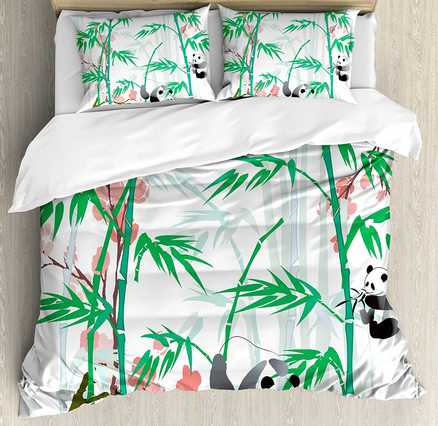 Bamboo Duvet Cover Set, Giant Woody Grass Bamboos and Panda Bear in