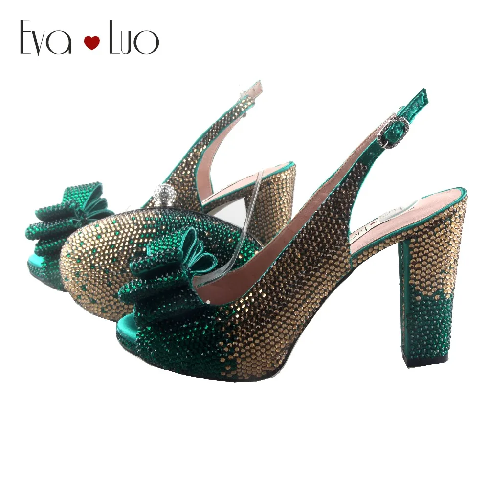 

BS909 DHL Custom Handmade Gold Green Crystal Bow Shoes with Matching Bags Set Slingbacks Block Heel Women Bridal wedding Shoes